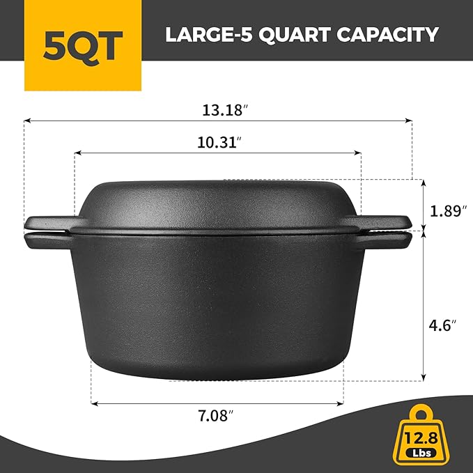 EDGING CASTING Pre-Seasoned Cast Iron Dutch Oven Pot with Skillet Lid Cooking Pan, 2-in-1 Sourdough Bread Baking Pan with Proofing Basket and Baking Supplies, 5QT - Image 3