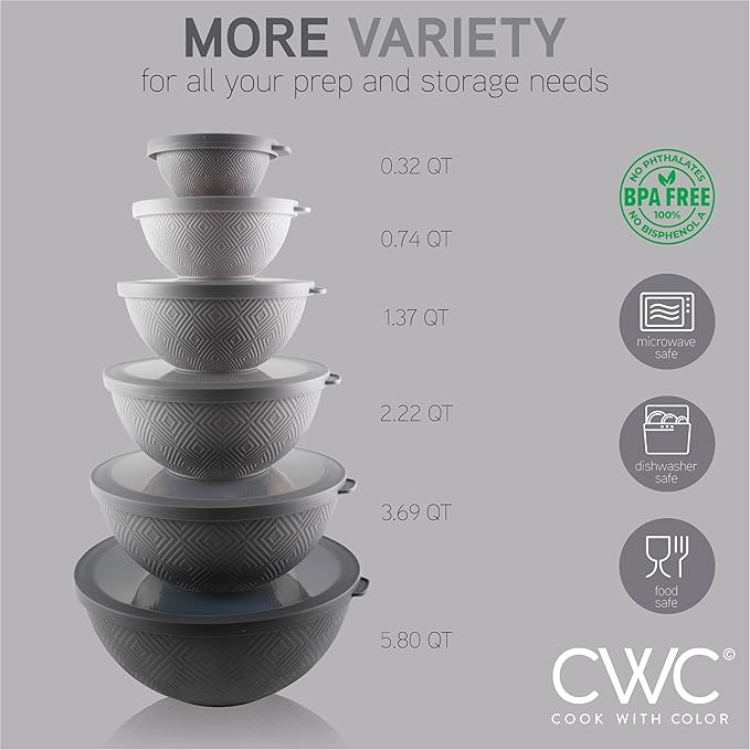 COOK WITH COLOR Mixing Bowls with Lids - 12 Piece Plastic Nesting Bowls Set includes 6 Prep Bowls and 6 Lids, Microwave Safe Mixing Bowl Set, Grey Rhombus - Image 2