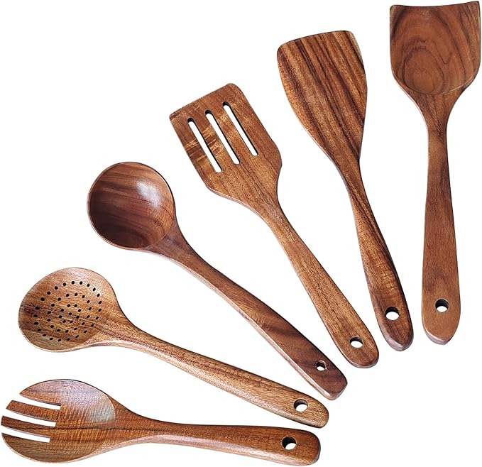 Wooden Spoons for Cooking 6 Piece, Natural Kitchen Utensils Spatula, Smooth Finish Wooden Cooking Utensils Spoons, Filter Spoon, Salad Fork by YYLTJR