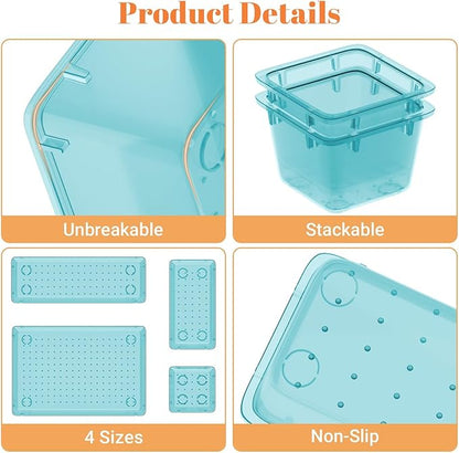 SpaceHacks 15 PCS Clear Plastic Drawer Organizer Set, 4-Size Acrylic Drawer Storage Trays, Storage Bins for Makeup, Gadgets, and Jewelry in Bathroom, Bedroom and Office, Clear Sea Blue - Image 4