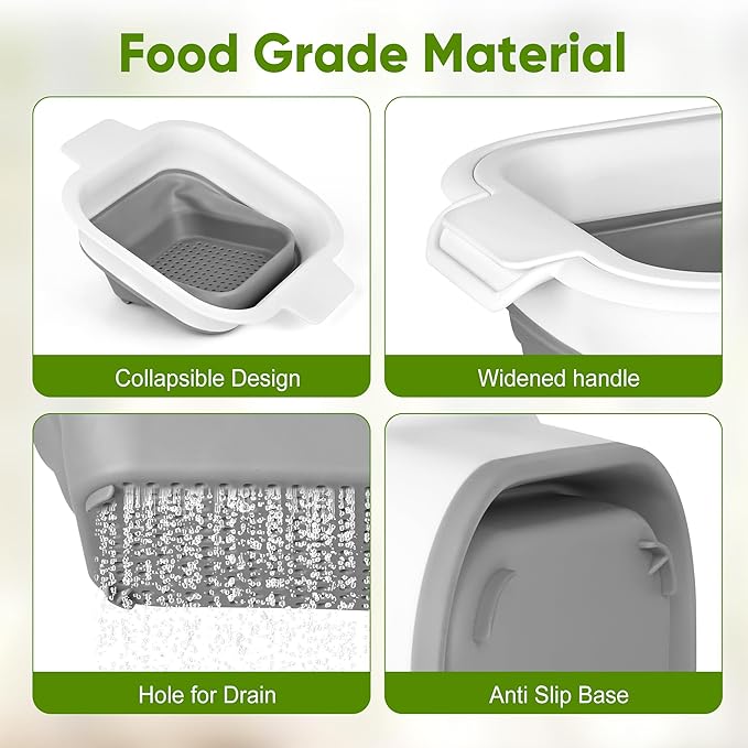 ROTTOGOON Collapsible Colander Set with Strainer Bowl, 2 in 1 Fruit Washing Basket with Strainer, 5 + 3 QT Plastic Colanders for Kitchen, Foldable Double Layered Colanders Bowl for Vegetable, Grey - Image 6