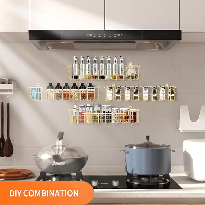 Spice Rack, 4-Pack Seasoning Organizer Wall Mount for Kitchen Storage Organization, Spice Holder Shelf Saving Space for Cabinet, RV, Pantry, Gold - Image 5