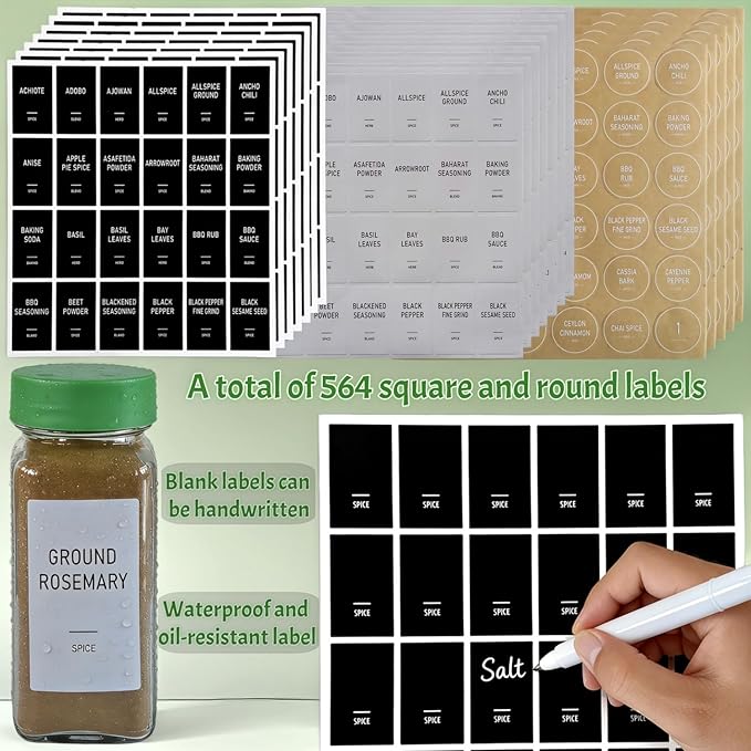 Spice Jars with Labels - 24 Glass Spice with Shaker Lids & Airtight Plastic Caps - 4oz Complete Seasoning Containers Organizer Set for Cabinet, Drawer & Rack (Green) - Image 6