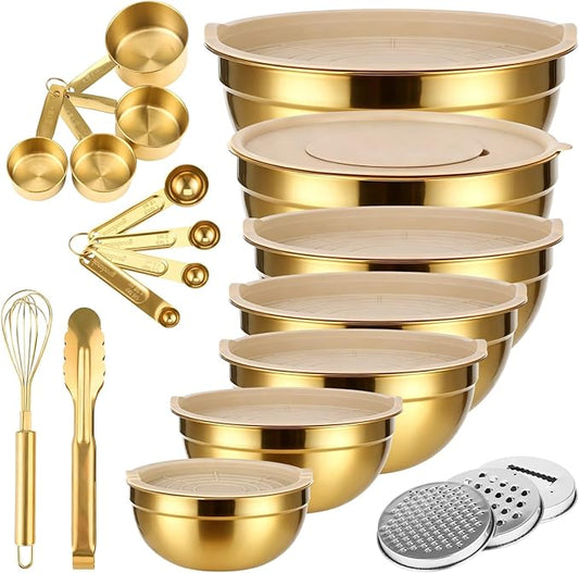 20 PCS Gold Mixing Bowls with Lids Set - 7 Mixing Bowls with 3 Graters, 8 Measuring Spoons, 1 Whisk, and 1 Food Tong, Nesting Bowl Set for Baking, Cooking, Meal Prep by Tideme