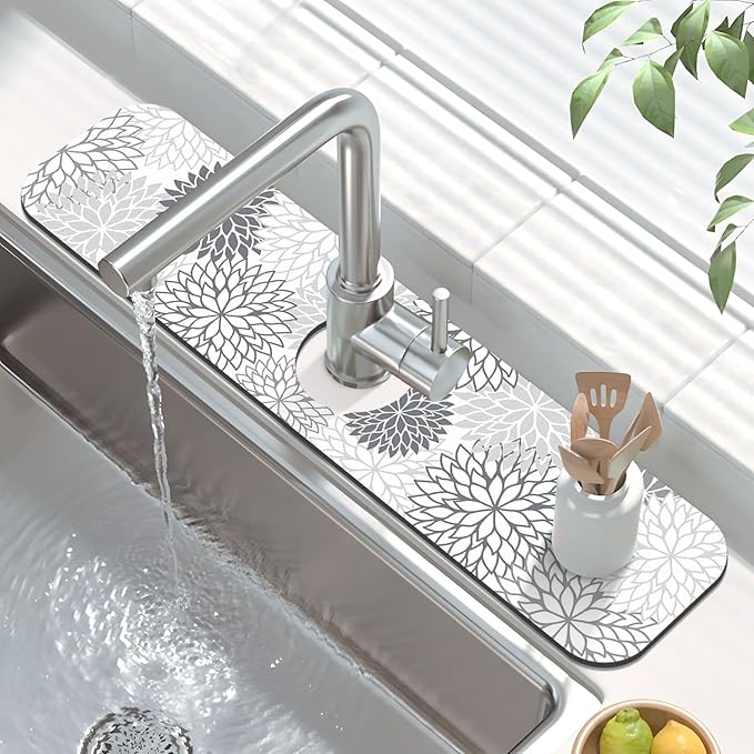Findosom 2PCS 17" x 32" Dish Drying Mat & 24" x 5.5" Sink Splash Guard, Super Absorbent & Cuttable Dish Mat Drying Kitchen Mat with Gray Floral, Hide Stain Drying Mat for Kitchen Counter - Image 4