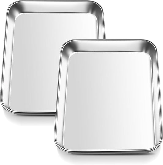 E-far 2 Packs Toaster Oven Trays, 9.4”x7.3” Stainless Steel Small Baking Cookie Sheets, Mini Non-toxic Metal Baking Pans for Cake, Healthy & Rust Free, Mirror Finish & Dishwasher Safe by E-far