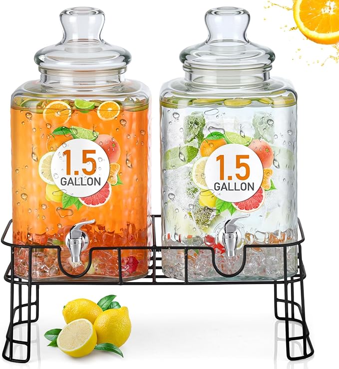 Honeydak 1.5 Gallon Glass Beverage Dispenser with Stand Stainless Steel Spigot Glass Lid Clear Iced Juice Container Leakproof Drink Dispenser Countertop Lemonade Water Jar for Wedding Party (2 Pack)