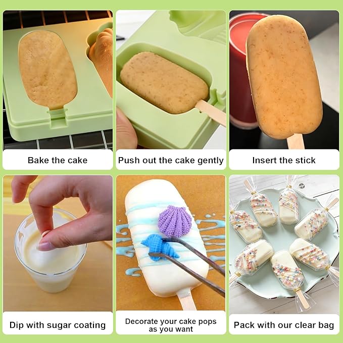 Juome Cake Pop Mold Kit, 2 Pack 6 Cavities Cakesicle Molds Silicone with 100 Wooden Sticks & 100 Packaging Bags with Ties, Cake Pop Maker Supplies Accessories, Baking Tools for Home Baking Desserts - Image 5