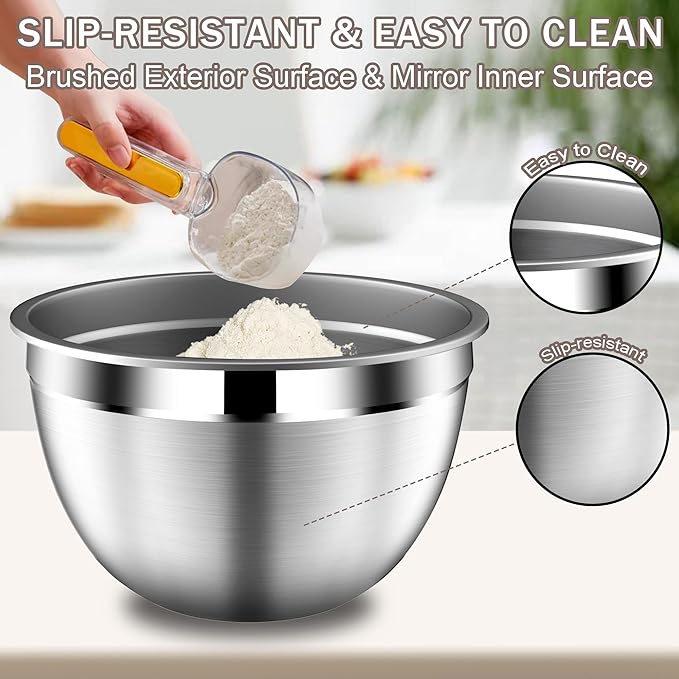 DUTZUN Stainles Steel Mixing Bowls with Lids Set, Stackable Metal Mixing & Serving Bowl with Strainer, 5-Piece - Beige - Image 6