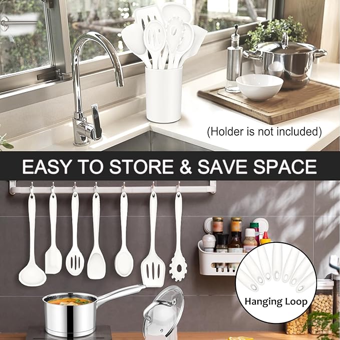 P&P CHEF Silicone Cooking Utensils Set of 7, Heat-proof Kitchen Utensils Set for Nonstick Cookware, Non-stick Spatula, Slotted Turner, Soup Ladle, Pasta Server, Spoon for Cooking Serving - White - Image 6