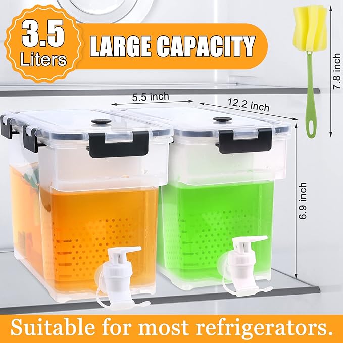 Breroa 3 Pieces 3.5 Liter Clear Beverage Dispenser with Spigot, Plastic Drink Dispenser for Fridge with Handle Clean Brush, Iced Juice Lemonade Dispensers for Parties & Daily Use,12.2 x 5.5 x 6.9 Inch