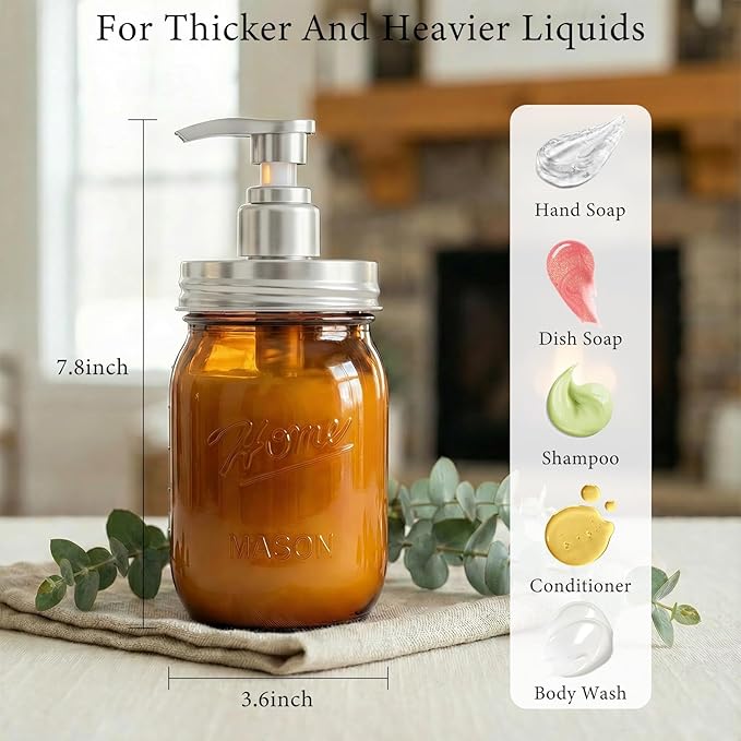 Amolliar Plastic Mason Jar Soap Dispenser with Pump Lid,16OZ Refillable Hand Soap Dispenser Set with Cute Lables - Farmhouse Decor for Kitchen Bathroom, Liquid Soap, Dish Soap, Lotion (2 Pack, Amber) - Image 3