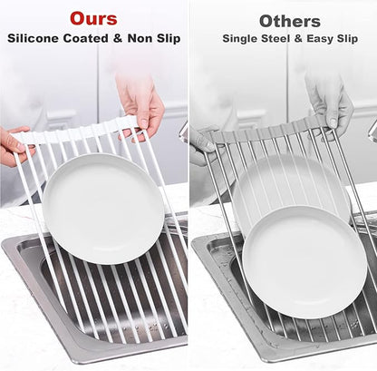 MERRYBOX Roll Up Dish Drying Rack, Silicone Wrapped Over The Sink Dish Rack Foldable Dish Drainer Anti-Slip Dish Racks for Kitchen Counter, Multipurpose Kitchen Sink Drying Rack, 18" x 13", White - Image 6