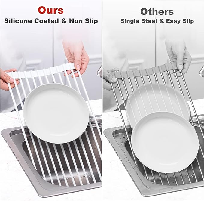 MERRYBOX Roll Up Dish Drying Rack, Silicone Wrapped Over The Sink Dish Rack Foldable Dish Drainer Anti-Slip Dish Racks for Kitchen Sink, Multipurpose Kitchen Sink Drying Rack, 17.5" x 13", White - Image 7