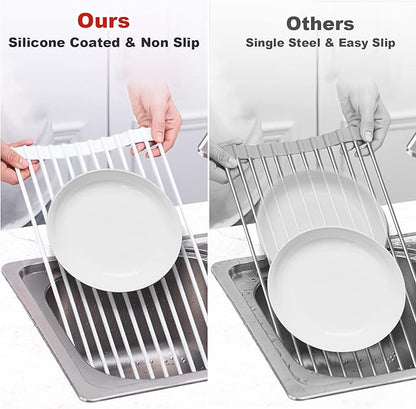 MERRYBOX Roll Up Dish Drying Rack, Silicone Wrapped Over The Sink Dish Rack Foldable Dish Drainer Anti-Slip Dish Racks for Kitchen Sink, Multipurpose Kitchen Sink Drying Rack, 17.5" x 13", White - Image 7