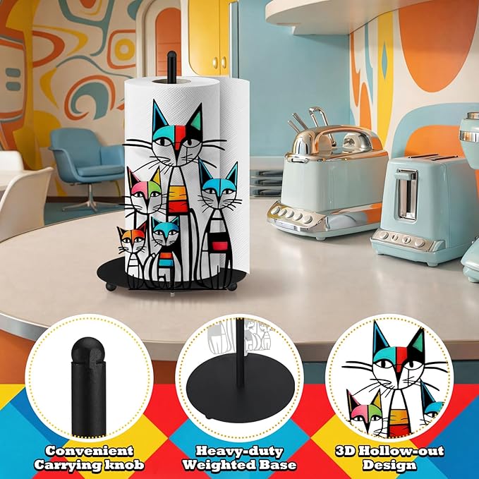 Mid Century Cat Paper Towel Holder Black Metal Paper Towel Holder Retro Decorative Tissue Stand Colorful Mid Century Retro Table Decor for Home Party Bathroom Countertop Dining Table