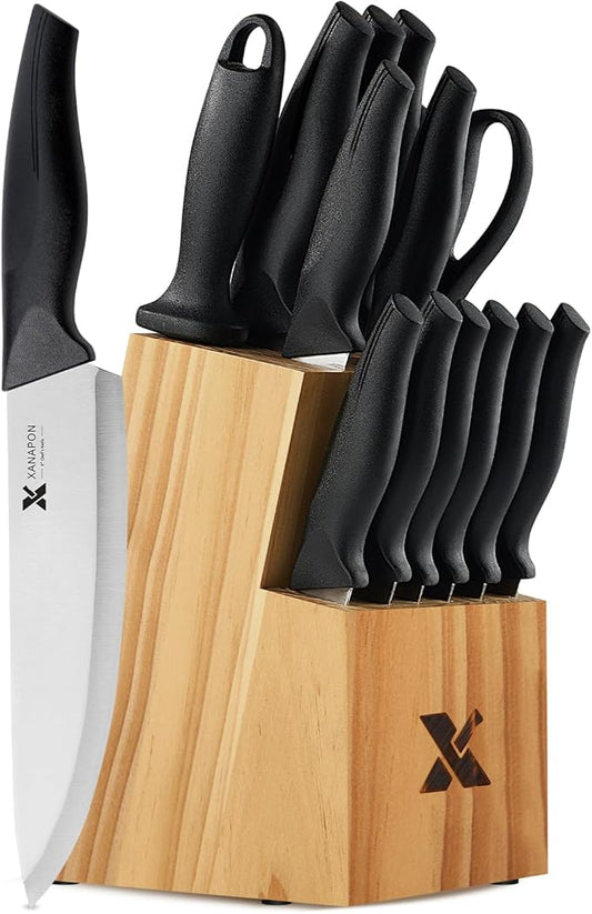 14 Pieces Kitchen Knife Set with Block, German Stainless Steel, BlackSilver by Xanapon