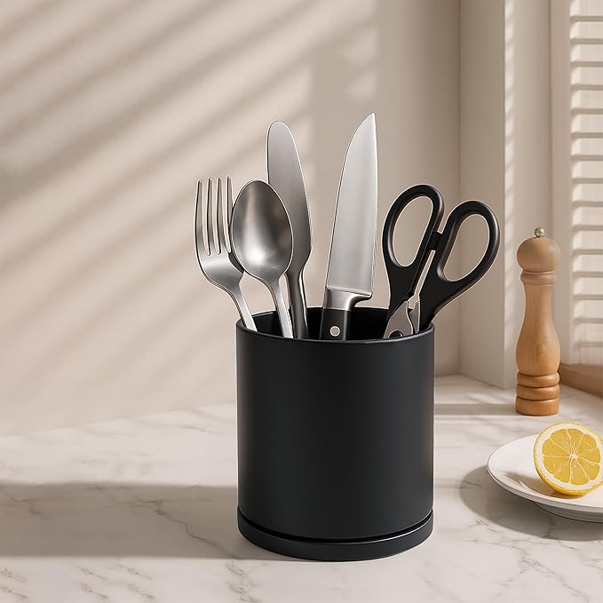 D'vine Dev 360° Rotating Utensil Holder – 5" Kitchen Utensil Crock for Countertop, Modern Cooking Tool Organizer for Kitchen Storage & Décor, Black, 72-X-B-1