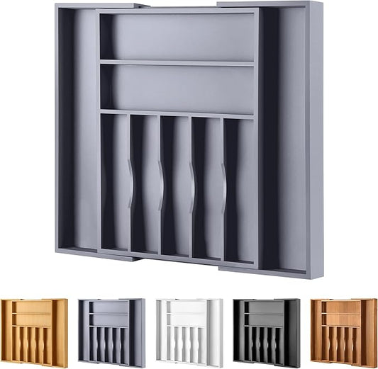 Large Premium Bamboo Silverware Organizer - Expandable Drawer Organizer & Utensil Organizer - 17"x19.7" Cutlery Tray with Dividers for Kitchen Utensils and Flatware (7-9 Slots) (Grey) by oridom