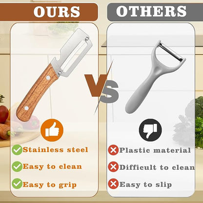 2 Pcs Multifunctional Vegetable Peeler, Stainless Steel Blade Peeler with Wooden Handle, Non-Slip Fruit Peeler for Kitchen - Image 4