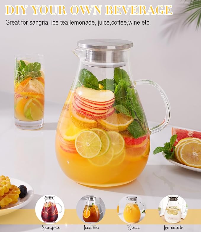 Glass Pitcher, 86oz Glass Water Pitcher with Lid and Handle, Large Borosilicate Hot/Cold Water Jug for Iced Tea, Sangria and Juice Beverage - Image 4