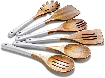Wooden Spoons For Cooking, 6 Pieces Natural Acacia Wooden Cooking Utensils or Non-Stick Wooden Kitchen Utensil Set for Kitchen Essentials, Wood Cooking Utensils Set with Hanging Hole, Grey by ROSOS