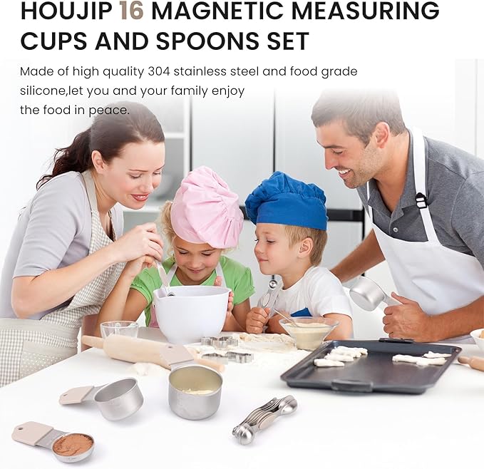 Magnetic Measuring Cups and Spoons Set-Heavy Duty 304 Stainless Steel，Double Measurement Markings，Set of 16 with Leveler for Measure Dry and Liquid Ingredients (khaki) - Image 3