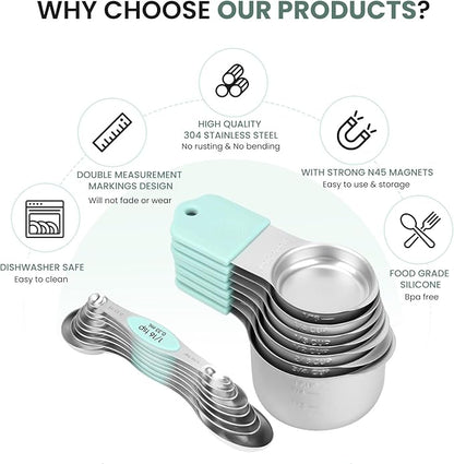 Magnetic Measuring Cups and Spoons Set-Heavy Duty 304 Stainless Steel，Double Measurement Markings，Set of 16 with Leveler for Measure Dry and Liquid Ingredients (Mint) - Image 2