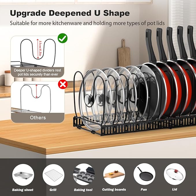 Housolution Pot and Pan Organizer Rack for Cabinet, Expandable Pot Lid Organizer Holder with 14 Adjustable Dividers, Fully Expanded Size 22.83" W x 7.09" D x 7.09" H, Black - Image 2