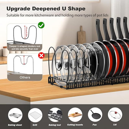 Housolution 2 Pack Pot and Pan Organizer, 12"-23" Expandable Pot Lid Organizer with 14 Adjustable Dividers, Pan Lid Holder Storage Rack for Cabinet, Black - Image 2