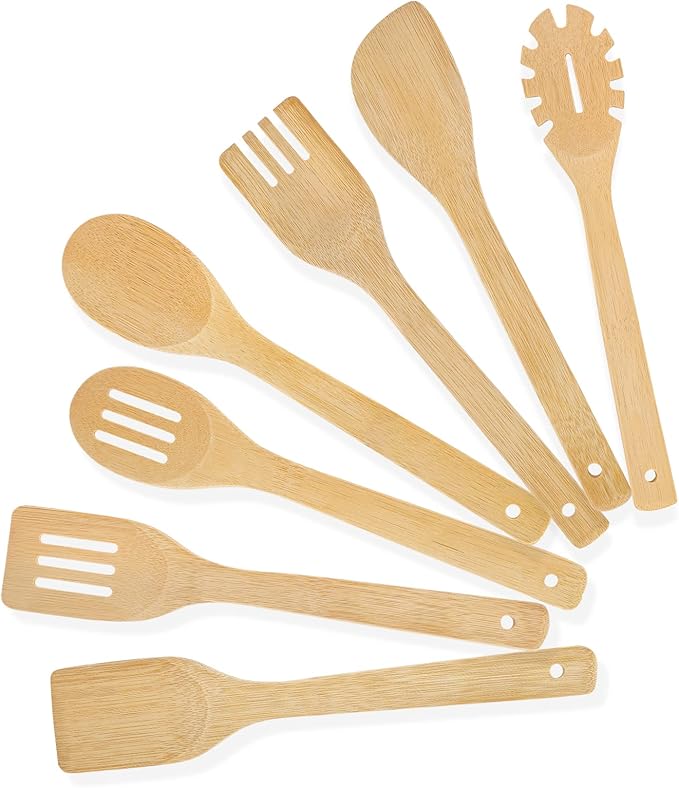 [7-PCS] Wooden Spoons for Cooking is for All Kitchen. Made From Bamboo Wood, Wooden Spatula & Wooden Spoon 11.8 in. and Non-Stick Surface, Suitable for Home & Chef Use or Gift for Someone Special. by USOONESP