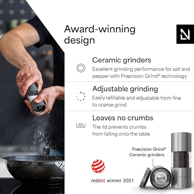 LARS NYSØM Salt and Pepper Grinder Set, Manual Salt and Pepper Mills with Adjustable Ceramic Grinder, Design Spice Shaker Set (Stainless Steel) - Image 2