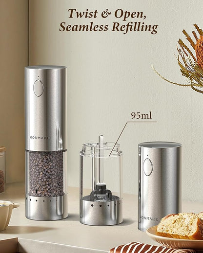 Electric Salt and Pepper Grinder Set - Automatic Refillable Salt and Pepper Grinders with Charging Base & LED Light, 6-Level Adjustable Coarseness with External Dial, Ideal Kitchen Gadget，Silver - Image 4