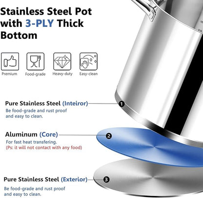 P&P CHEF 12 QT Stock Pot with Lid, Stainless Steel Large Cooking Pot, Soup Canning Stockpot for Stewing Simmering, Tri-ply Bottom for All Stoves, Heavy-Duty &Dishwasher Safe & Food-Grade - Image 4