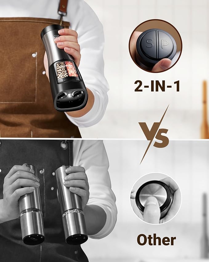 Sangcon Electric Salt and Pepper Grinder Set Shaker 2 IN 1 - USB RECHARGEABLE Salt and Pepper Mill with Charging Base, Adjustable Coarseness Automatic Grinder with Light, House Warming Cooking Gifts - Image 2