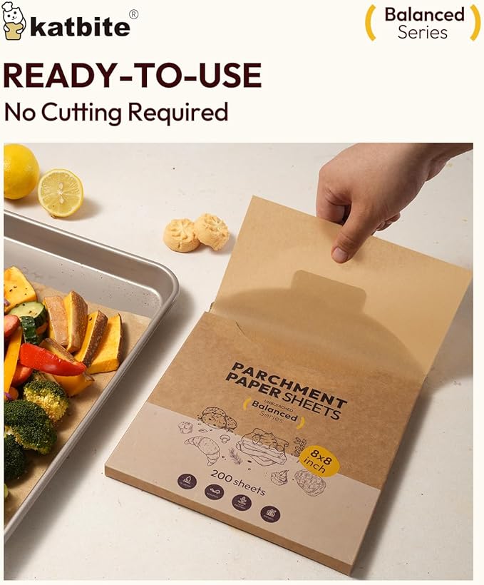 Katbite 200 Pcs Parchment Paper, 8 x 8 Inch Unbleached Baking Paper, Oil Resistant & Easy Clean, Non-Stick Precut Parchment Paper Sheets for Baking Square, Cooking, Air Fryer [Balance Series] - Image 4