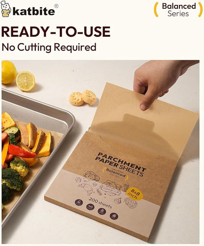Katbite 400 Pcs Parchment Paper, 8 x 8 Inch Unbleached Baking Paper, Oil Resistant & Easy Clean, Non-Stick Precut Parchment Paper Sheets for Baking Square, Cooking, Air Fryer [Balance Series] - Image 4
