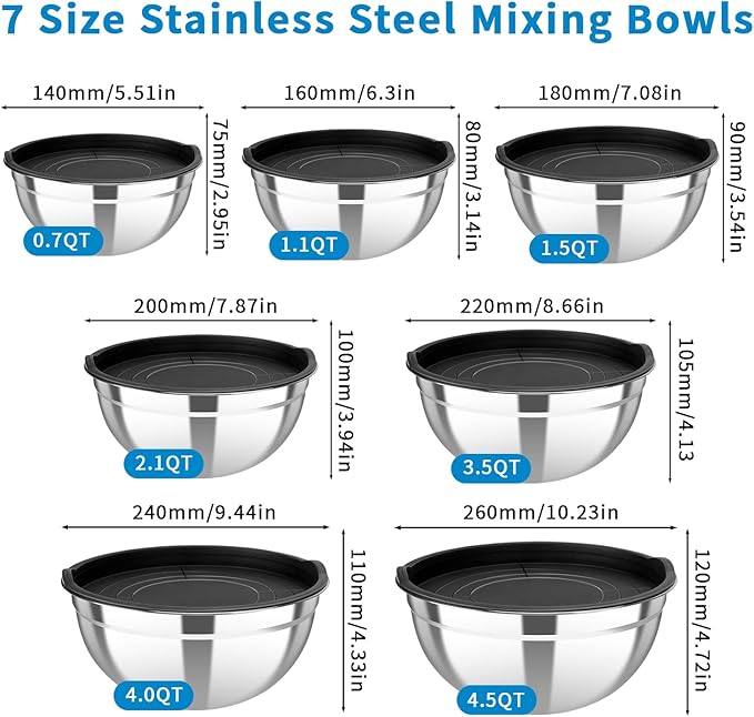 7-Piece Mixing Bowls with Airtight Lids — Stackable Stainless Steel Nesting Bowls, 7 Sizes (0.7Qt–4.5Qt), Space Saving for Kitchen, Dishwasher Safe & BPA-Free