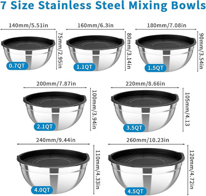 7-Piece Mixing Bowls with Airtight Lids — Stackable Stainless Steel Nesting Bowls, 7 Sizes (0.7Qt–4.5Qt), Space Saving for Kitchen, Dishwasher Safe & BPA-Free