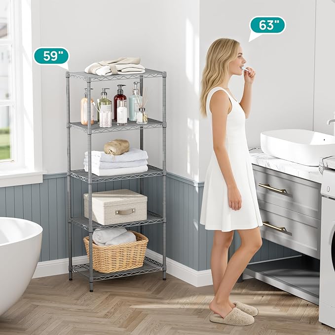 SINGAYE 5 Tier Storage Garage Shelving Units Heavy Duty Wire Shelves Pantry Metal for Pantry Closet Kitchen Laundry Bathroom Organizers Shelf Home Shorage Gray - Image 8