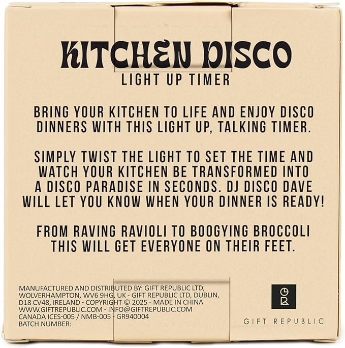 Gift Republic Kitchen Disco Light Up Timer – 60-Minute Countdown, Plays 2 Disco Tunes, Lights Up, Fun Cooking Accessory and Kitchen Gadget for Music Lovers