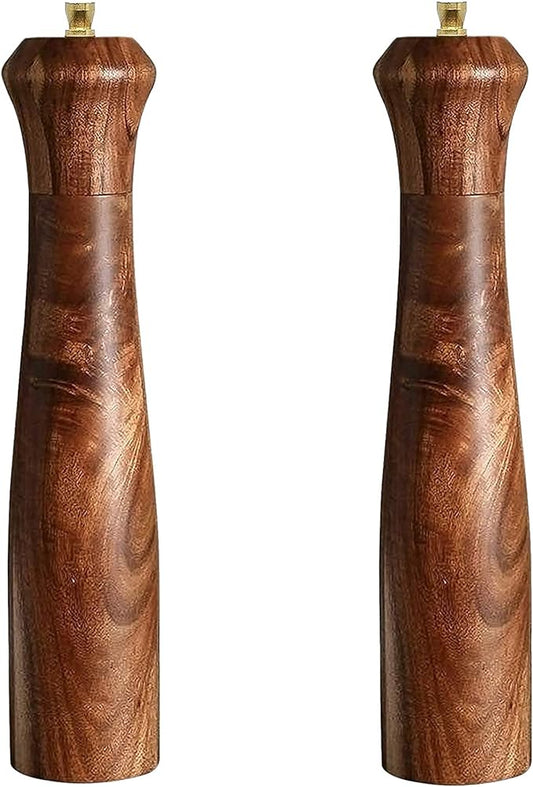 Wooden Salt and Pepper Grinder Set,Manual Salt and Pepper Mill,Acacia wood Salt Grinder Refillable,Pepper Mill with Adjustable Coarseness,Salt and Pepper Shakers Tableware Gifts 10" 2PCS