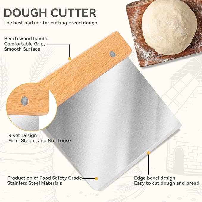 Danish Dough Whisk - Bread Whisk Set of 3 pieces, Bread Making Tools and Supplies, Danish Sourdough Whisks, Dutch Whisks for Dough, With Dough Scraper Sourdough Cutter, Lame Doughs Scoring Tool Blades - Image 5