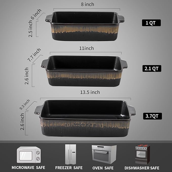 KOOV Bakeware Set, Ceramic Baking Dish, Rectangular Baking Pans Set, Casserole Dish for Cooking, Cake Dinner, Kitchen 9 x 13 Inches, 3-Piece, Stripe Series (Rough Black) - Image 3