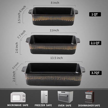 KOOV Bakeware Set, Ceramic Baking Dish, Rectangular Baking Pans Set, Casserole Dish for Cooking, Cake Dinner, Kitchen 9 x 13 Inches, 3-Piece, Stripe Series (Rough Black) - Image 3