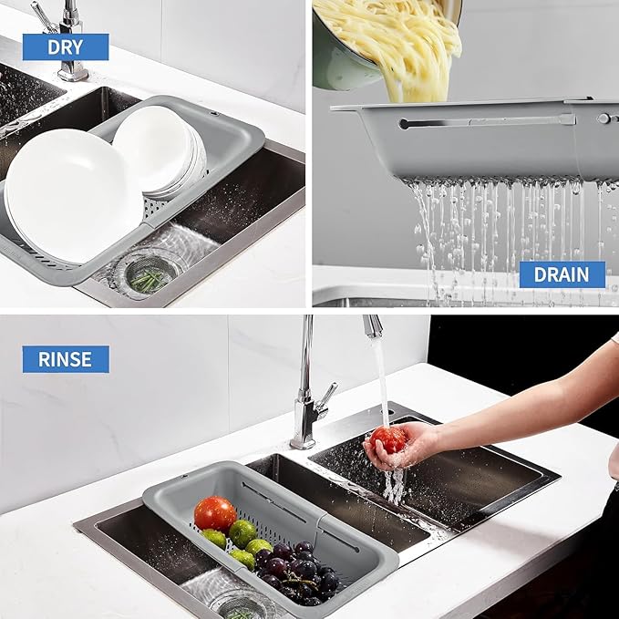 LASSHSWA Collapsible Colander for Kitchen, Over the Sink Strainer Basket for Kitchen, Fruit Pasta Food Strainer Expandable Plastic Colander BPA Free (Gray) - Image 3
