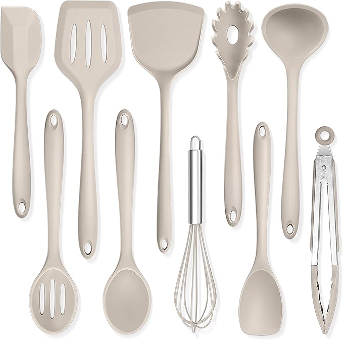 TeamFar Kitchen Cooking Utensils, 10 pcs Silicone Cooking Utensils Set, 446°F Heat Resistant Kitchen Gadgets Tools Set w/Spatula, Turners, Spoons, Soup Ladle, Pasta Server for Nonstick Cookware, Khaki by TeamFar