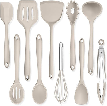 TeamFar Kitchen Cooking Utensils, 10 pcs Silicone Cooking Utensils Set, 446°F Heat Resistant Kitchen Gadgets Tools Set w/Spatula, Turners, Spoons, Soup Ladle, Pasta Server for Nonstick Cookware, Khaki by TeamFar