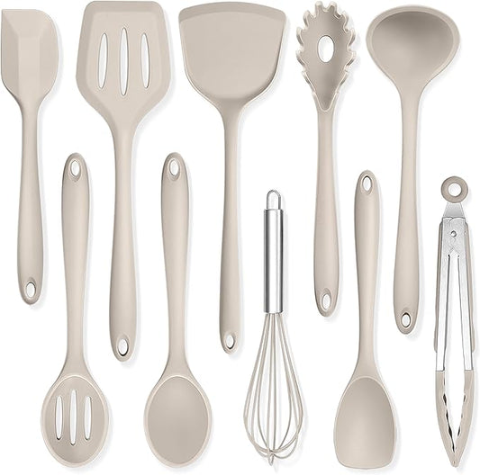 TeamFar Kitchen Cooking Utensils, 10 pcs Silicone Cooking Utensils Set, 446°F Heat Resistant Kitchen Gadgets Tools Set w/Spatula, Turners, Spoons, Soup Ladle, Pasta Server for Nonstick Cookware, Khaki by TeamFar