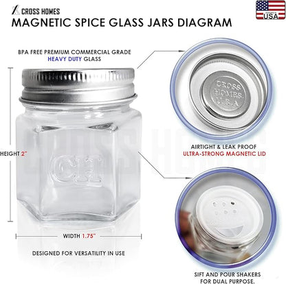 20 Pack Magnetic Spice Jars for Refrigerator, Hexagon Glass Magnetic Spice Jar with Shaker Lids Label for Kitchen RV Travel Trailer Boat, Magnet Seasoning Containers for Fridge Cabinet Wall mount Rack
